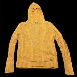 Y2K Ruff Hewn Mustard Cable Knit Hooded Pullover Sweater M Bella Indie Tumblr